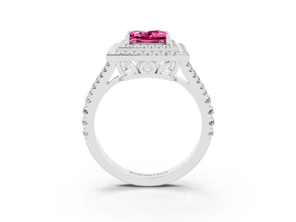 White gold Princess Cut Pink Sapphire Double Halo Ring with Pavé Band and Prong Setting