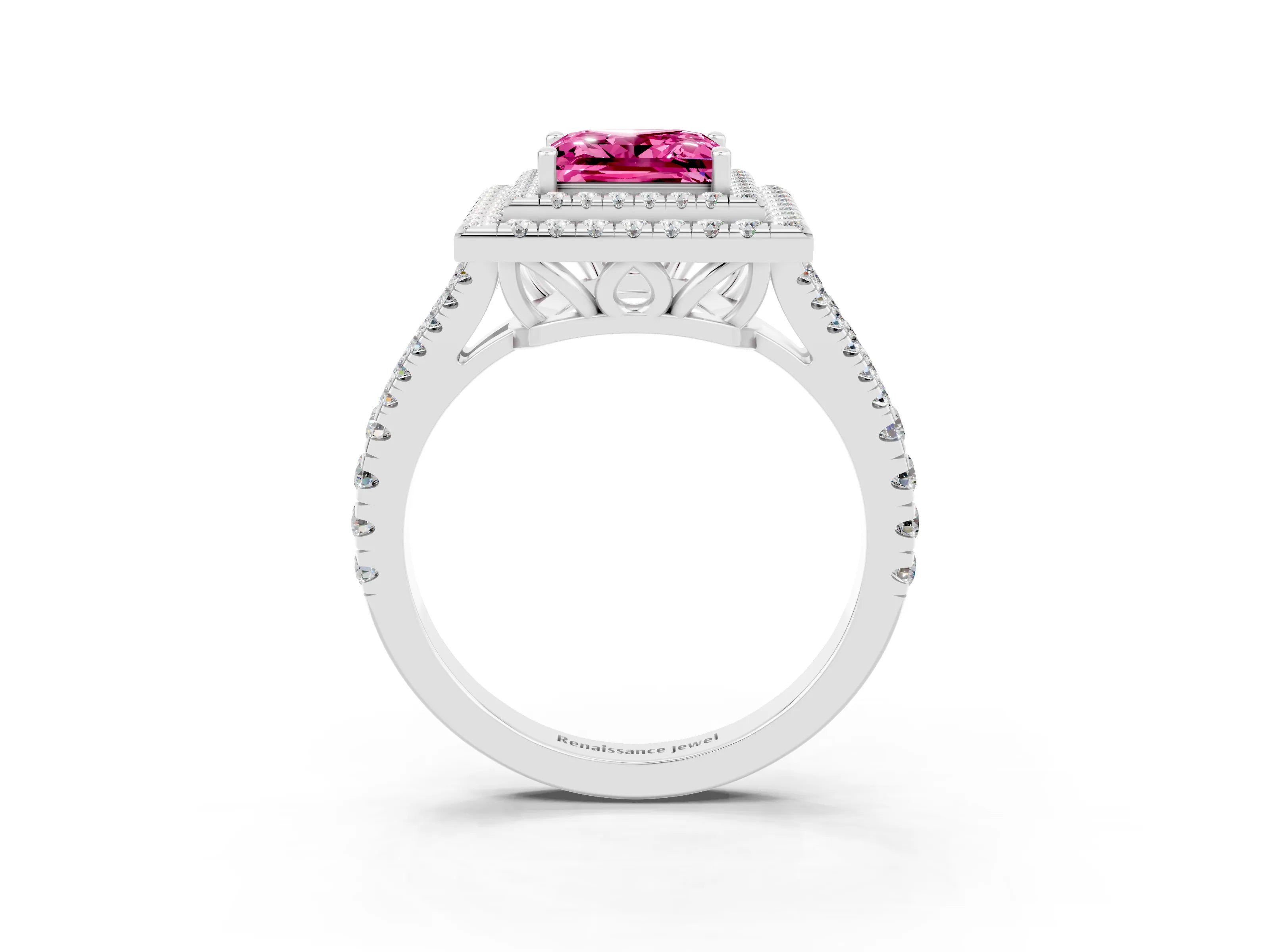 White gold Princess Cut Pink Sapphire Double Halo Ring with Pavé Band and Prong Setting_15