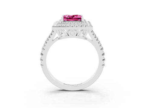 White gold Princess Cut Pink Sapphire Double Halo Ring with Pavé Band and Prong Setting_15