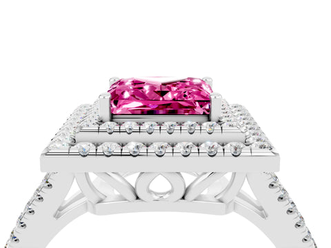 White gold Princess Cut Pink Sapphire Double Halo Ring with Pavé Band and Prong Setting_16