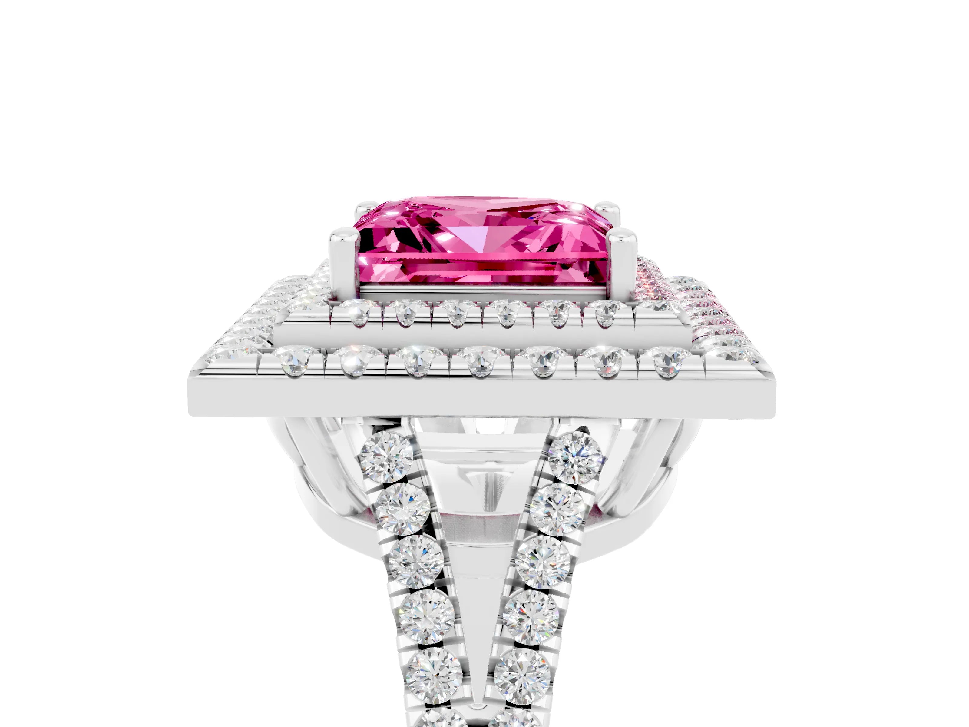 White gold Princess Cut Pink Sapphire Double Halo Ring with Pavé Band and Prong Setting_17