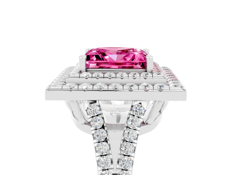 White gold Princess Cut Pink Sapphire Double Halo Ring with Pavé Band and Prong Setting_17