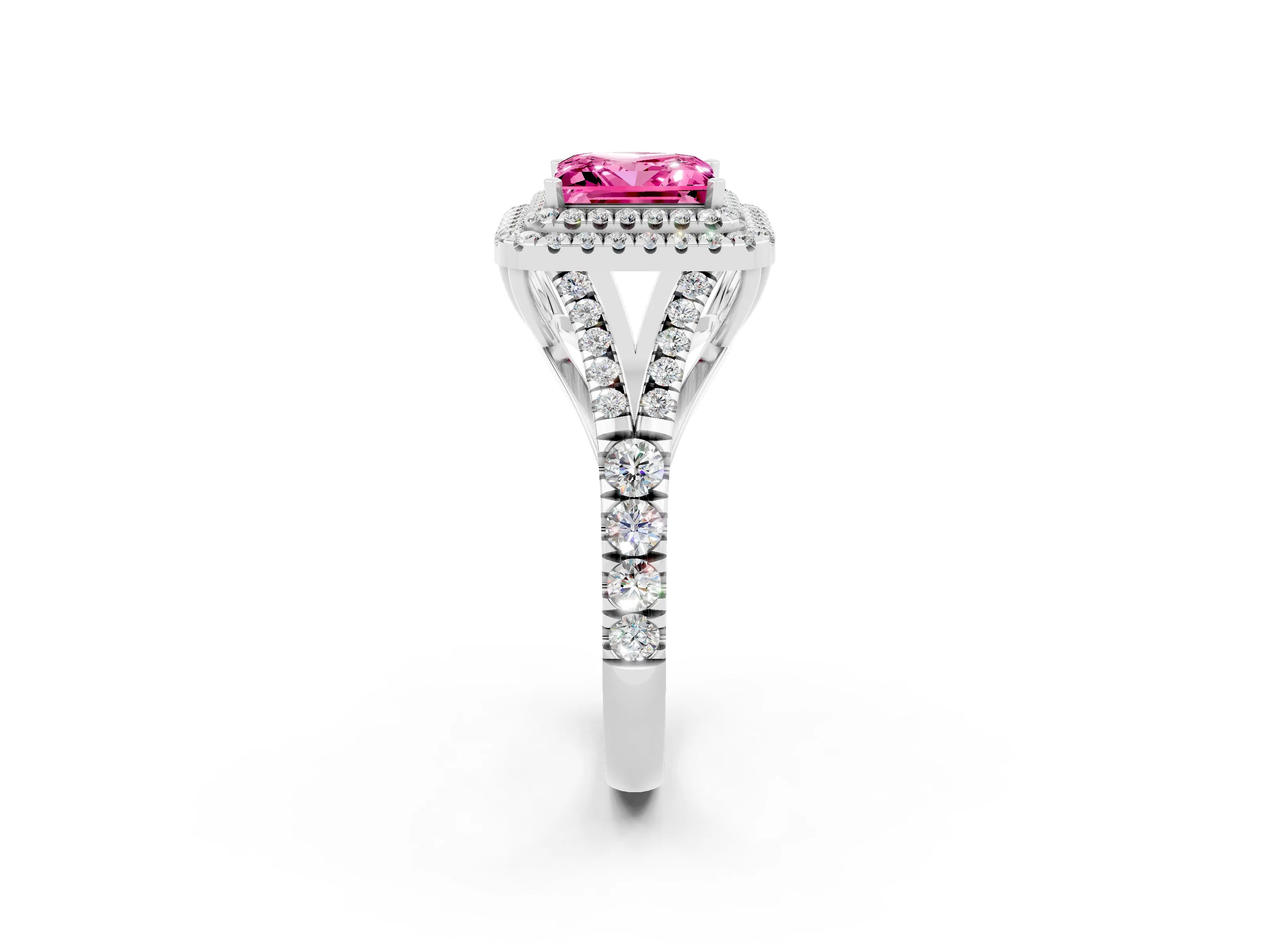 White gold Princess Cut Pink Sapphire Double Halo Ring with Split Shank and Prong Setting_14