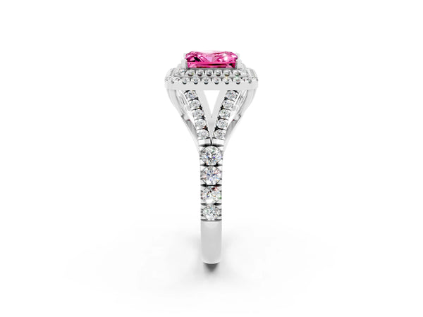 Platinum Princess Cut Pink Sapphire Double Halo Ring with Split Shank and Prong Setting