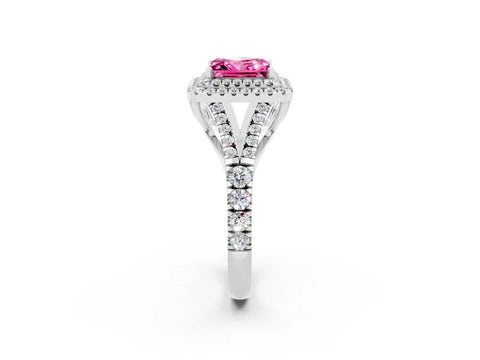 White gold Princess Cut Pink Sapphire Double Halo Ring with Split Shank and Prong Setting_14