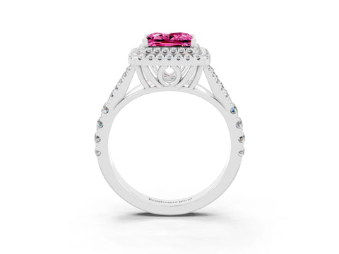 White gold Princess Cut Pink Sapphire Double Halo Ring with Split Shank and Prong Setting_15