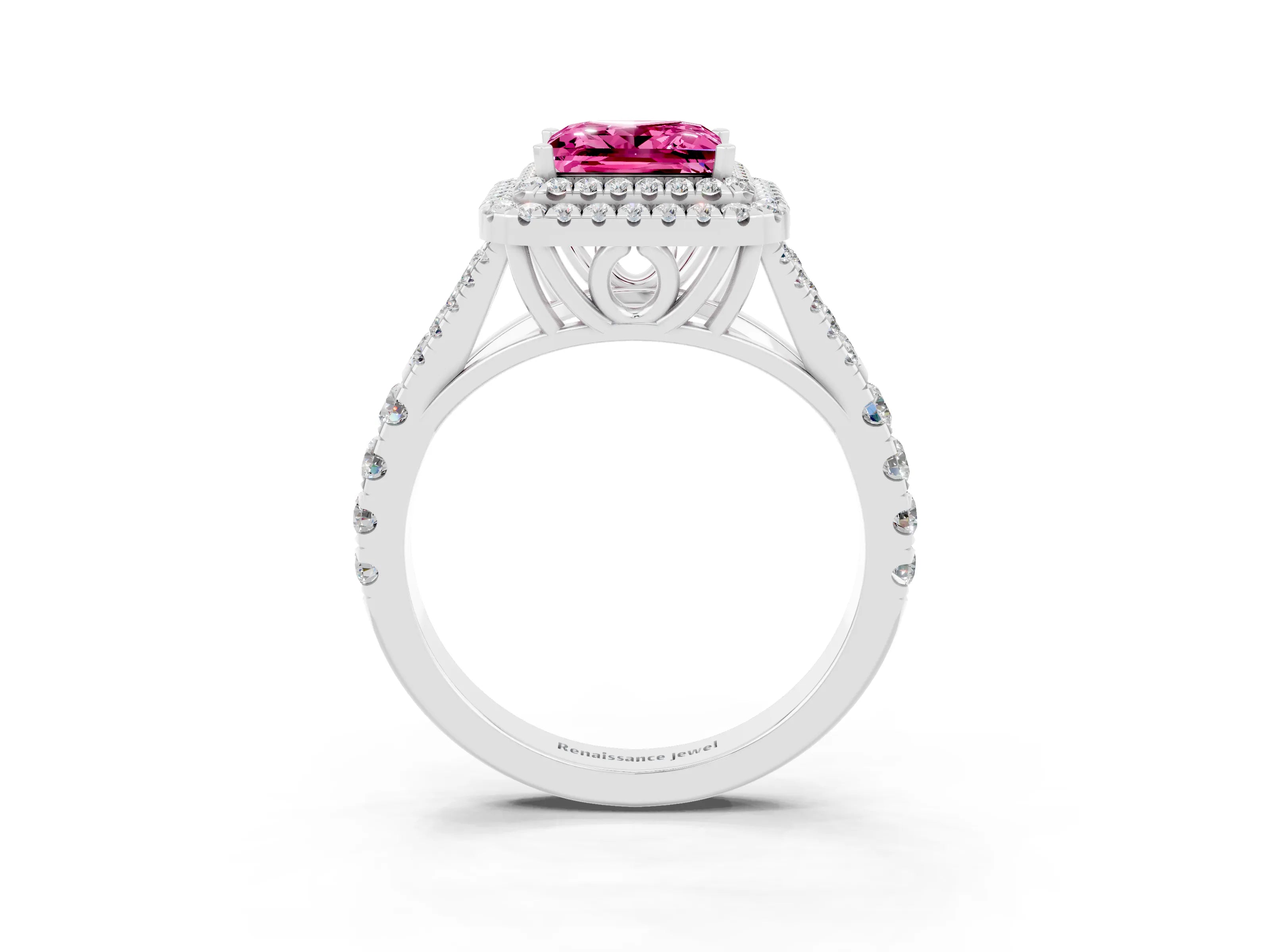 White gold Princess Cut Pink Sapphire Double Halo Ring with Split Shank and Prong Setting_27