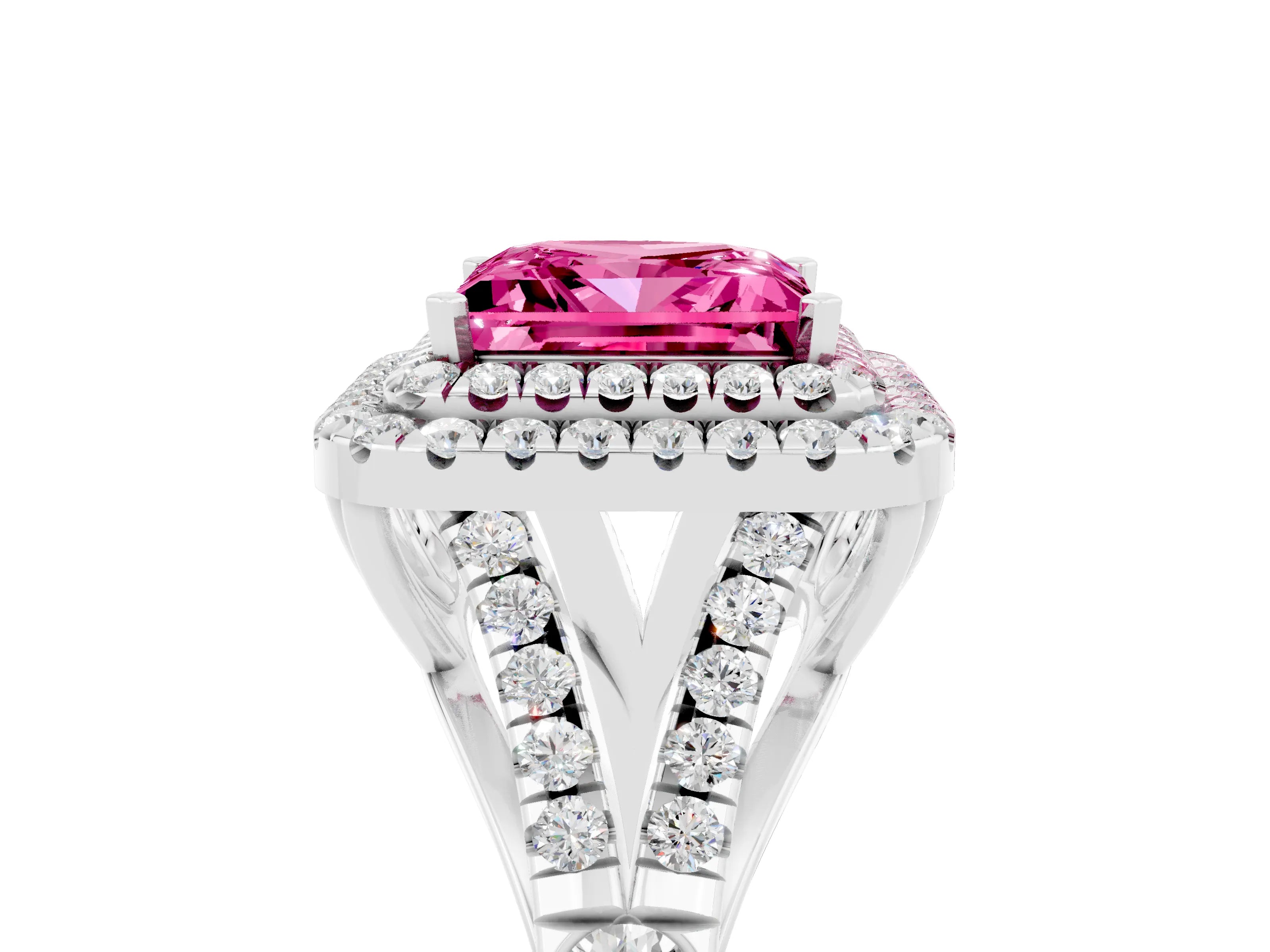 White gold Princess Cut Pink Sapphire Double Halo Ring with Split Shank and Prong Setting_29