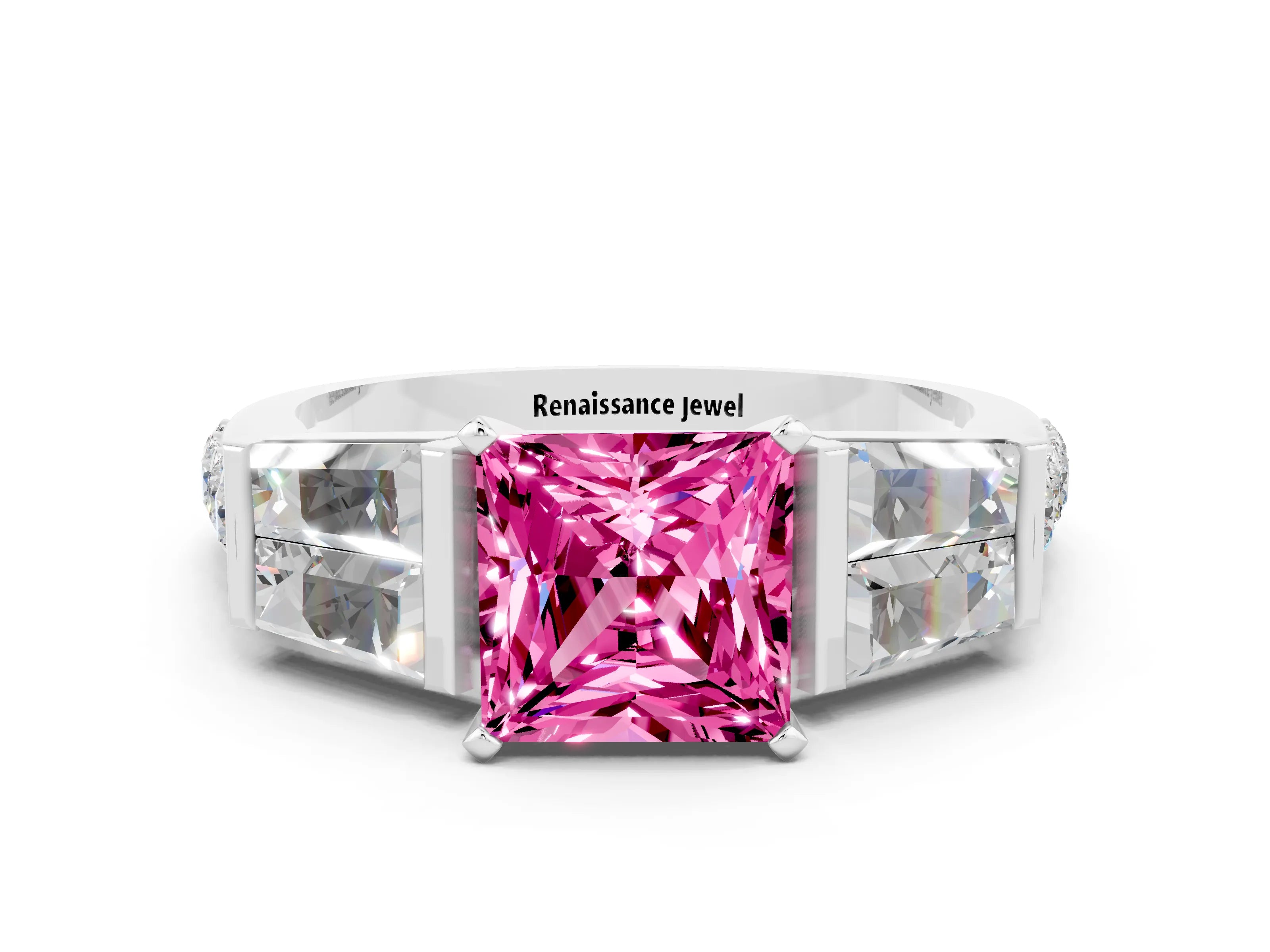 White gold Princess Cut Pink Sapphire Engagement Ring with Baguette Side Stones and Channel Set Band