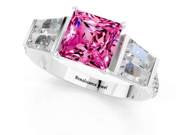 Platinum Princess Cut Pink Sapphire Engagement Ring with Baguette Side Stones and Channel Set Band