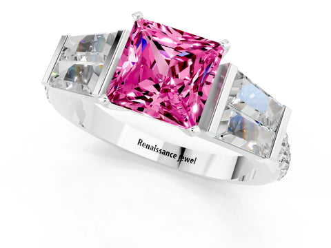 White gold Princess Cut Pink Sapphire Engagement Ring with Baguette Side Stones and Channel Set Band_1