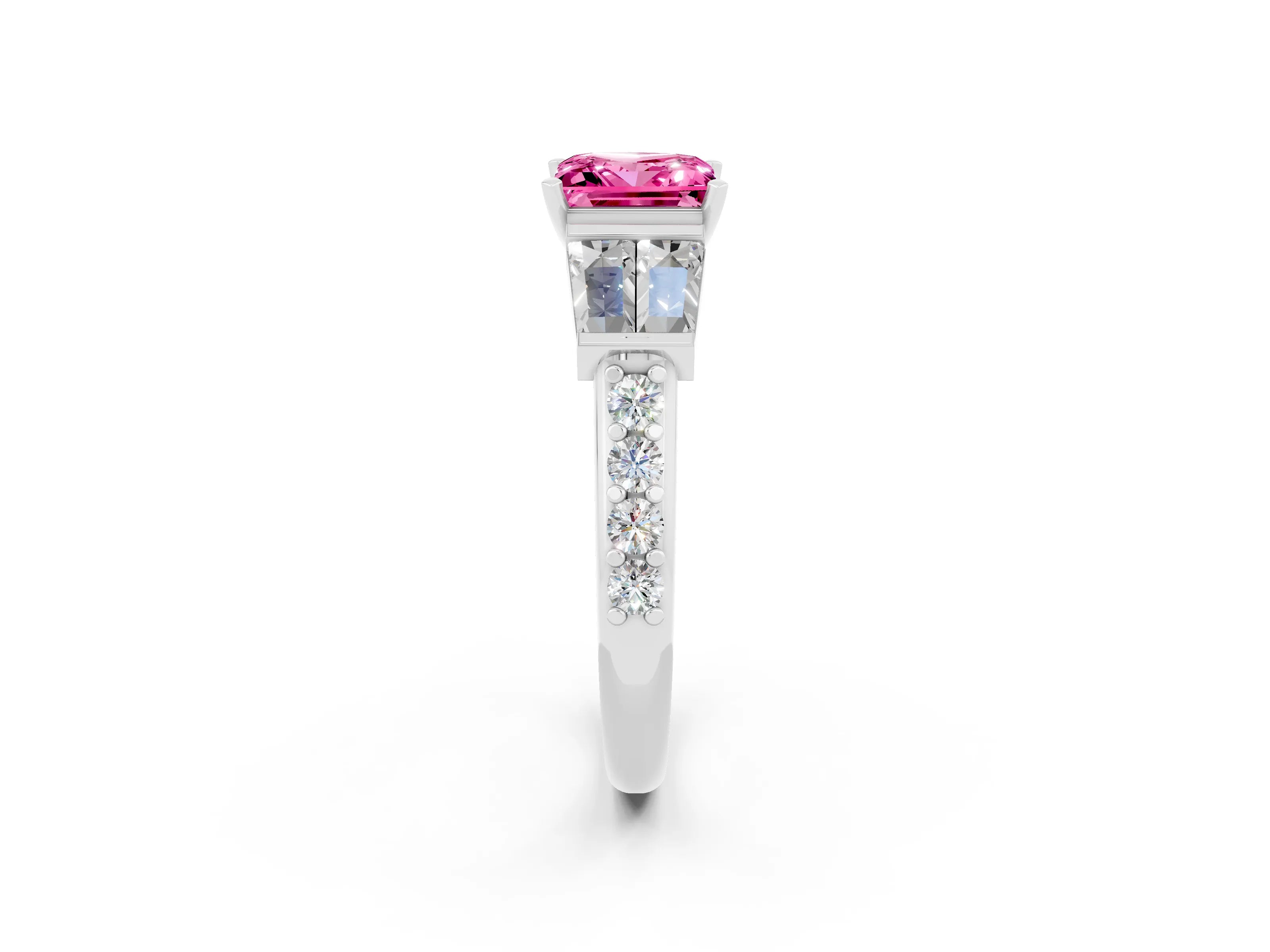 White gold Princess Cut Pink Sapphire Engagement Ring with Baguette Side Stones and Channel Set Band_2