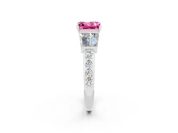 Silver Princess Cut Pink Sapphire Engagement Ring with Baguette Side Stones and Channel Set Band