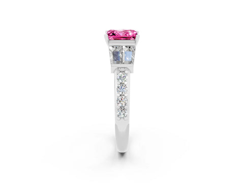 White gold Princess Cut Pink Sapphire Engagement Ring with Baguette Side Stones and Channel Set Band_2
