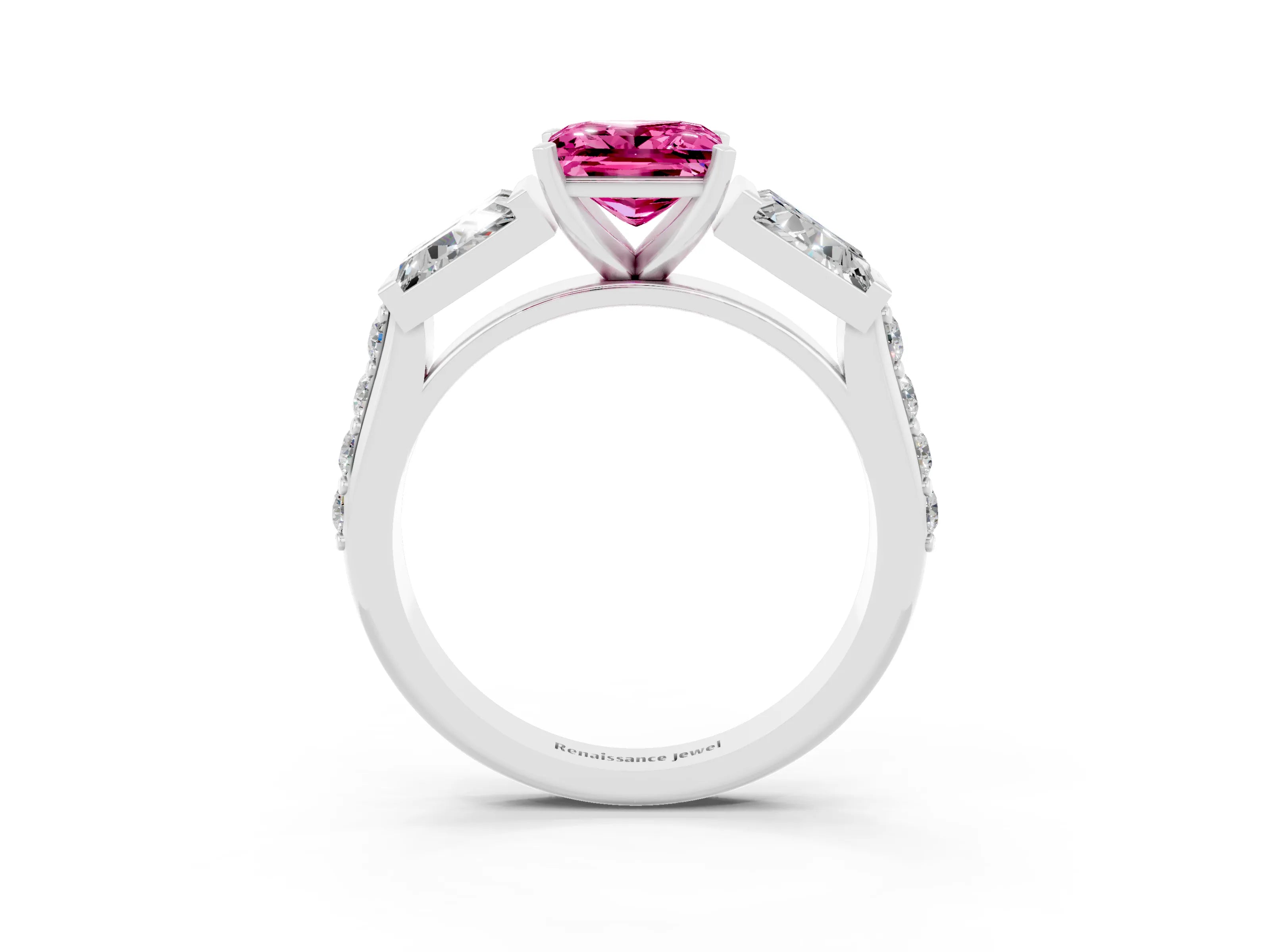 White gold Princess Cut Pink Sapphire Engagement Ring with Baguette Side Stones and Channel Set Band_3