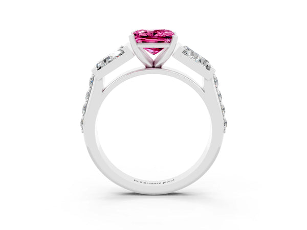 White gold Princess Cut Pink Sapphire Engagement Ring with Baguette Side Stones and Channel Set Band