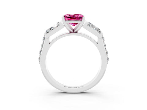 White gold Princess Cut Pink Sapphire Engagement Ring with Baguette Side Stones and Channel Set Band_3