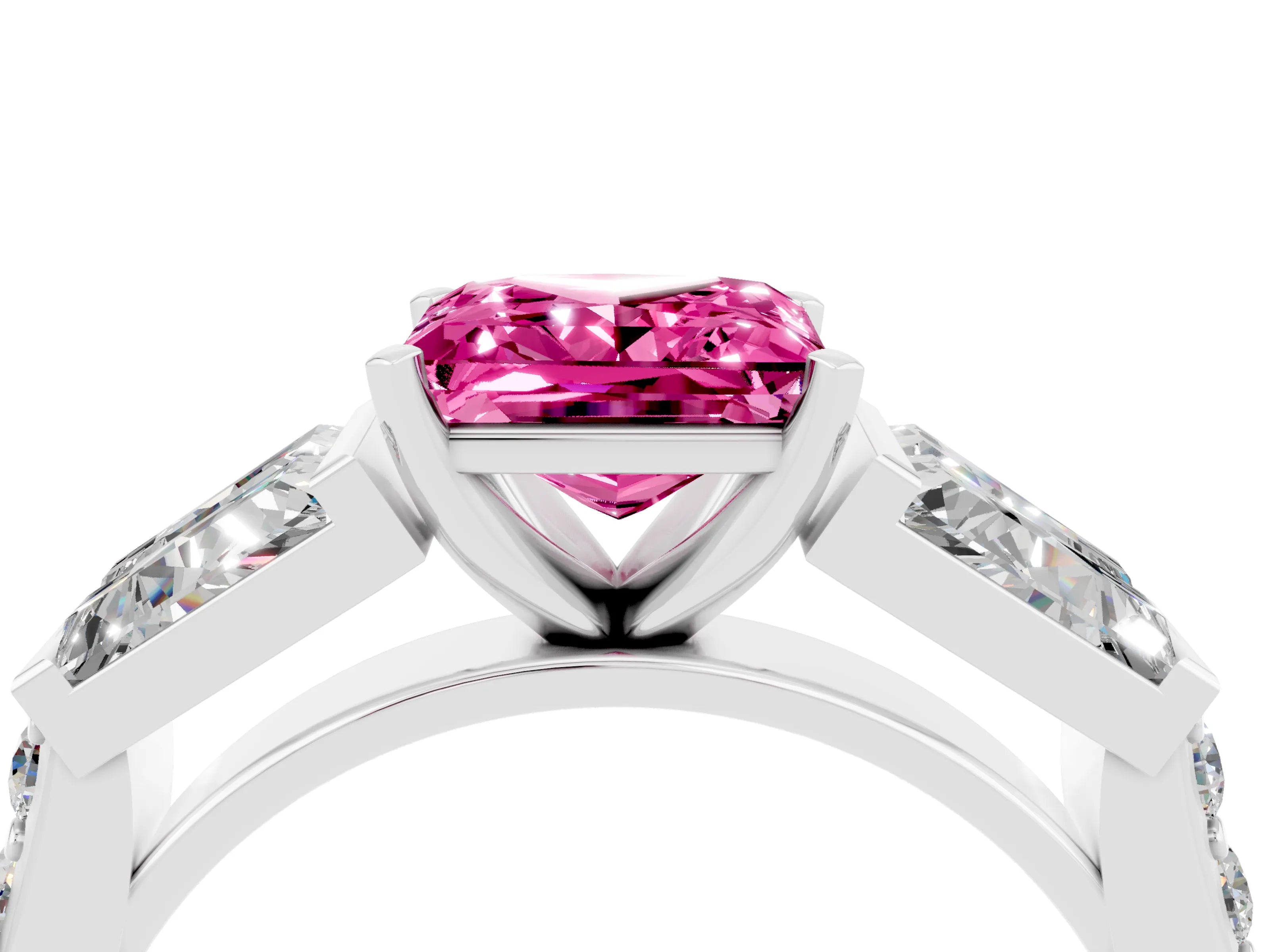 White gold Princess Cut Pink Sapphire Engagement Ring with Baguette Side Stones and Channel Set Band_4