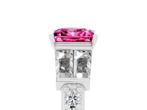 White gold Princess Cut Pink Sapphire Engagement Ring with Baguette Side Stones and Channel Set Band_5