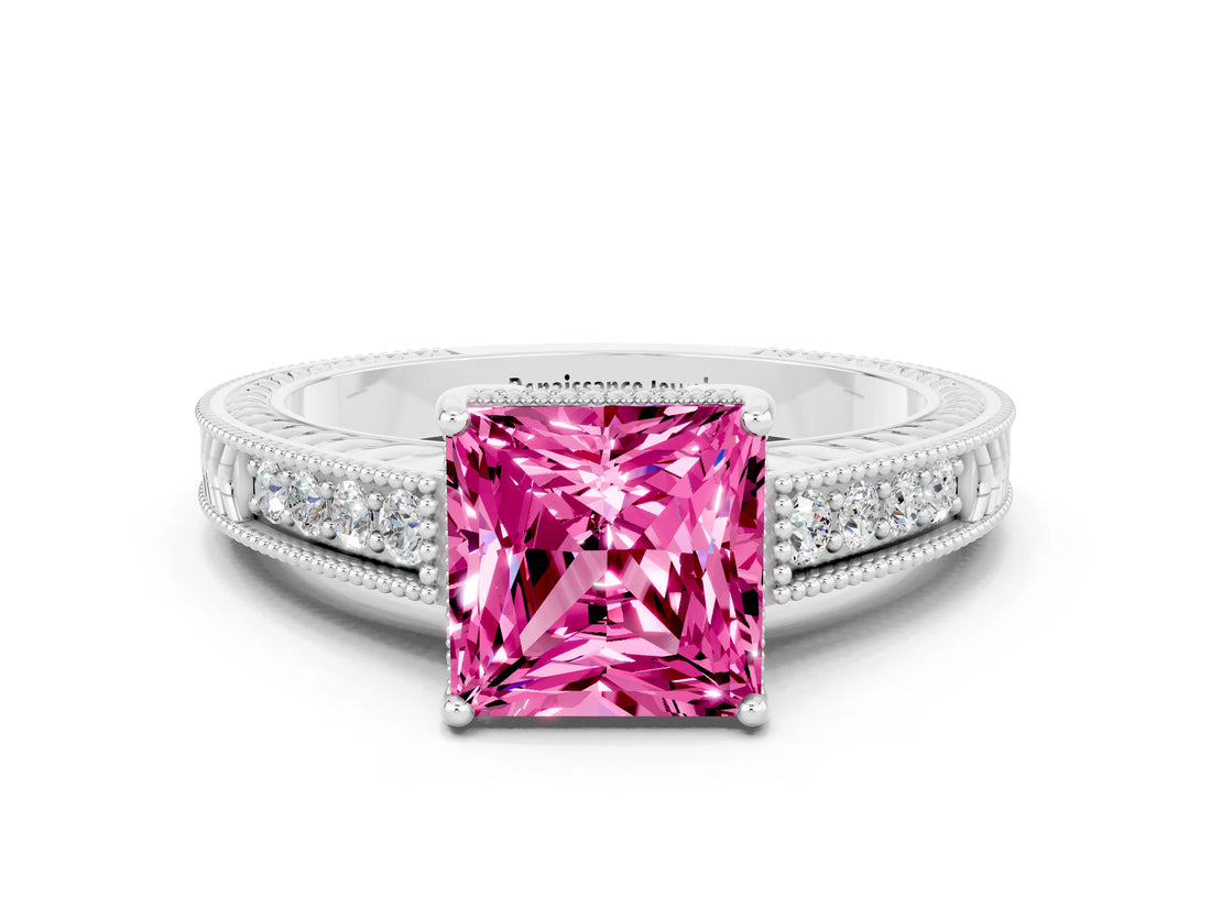 White gold Princess Cut Pink Sapphire Engagement Ring with Milgrain Channel Set Band and Prong Setting_24