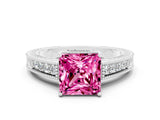 White gold Princess Cut Pink Sapphire Engagement Ring with Milgrain Channel Set Band and Prong Setting_24