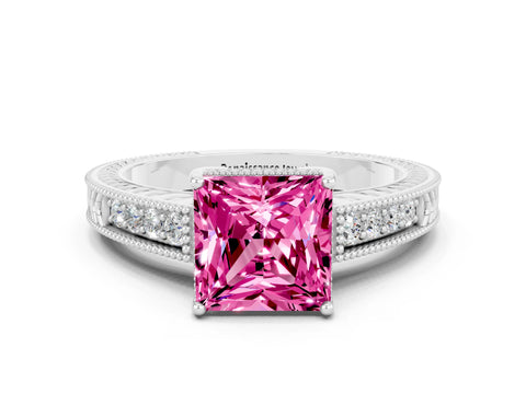 White gold Princess Cut Pink Sapphire Engagement Ring with Milgrain Channel Set Band and Prong Setting_24