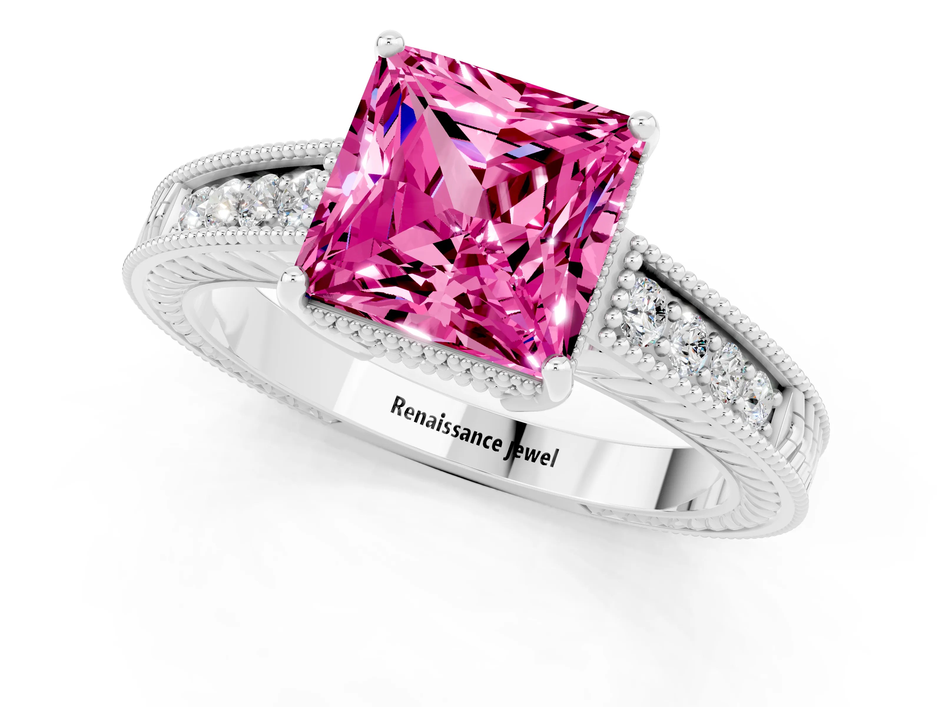 White gold Princess Cut Pink Sapphire Engagement Ring with Milgrain Channel Set Band and Prong Setting_25