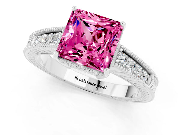 Silver Princess Cut Pink Sapphire Engagement Ring with Milgrain Channel Set Band and Prong Setting