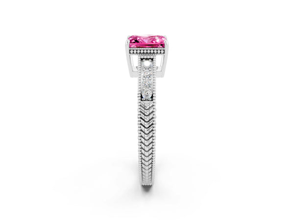 Silver Princess Cut Pink Sapphire Engagement Ring with Milgrain Channel Set Band and Prong Setting