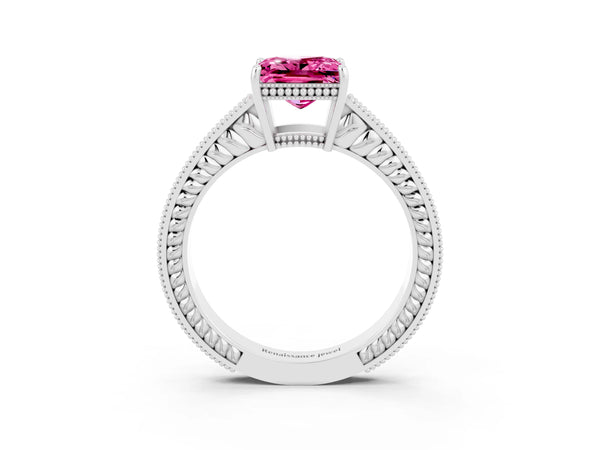 White gold Princess Cut Pink Sapphire Engagement Ring with Milgrain Channel Set Band and Prong Setting