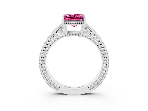White gold Princess Cut Pink Sapphire Engagement Ring with Milgrain Channel Set Band and Prong Setting_27