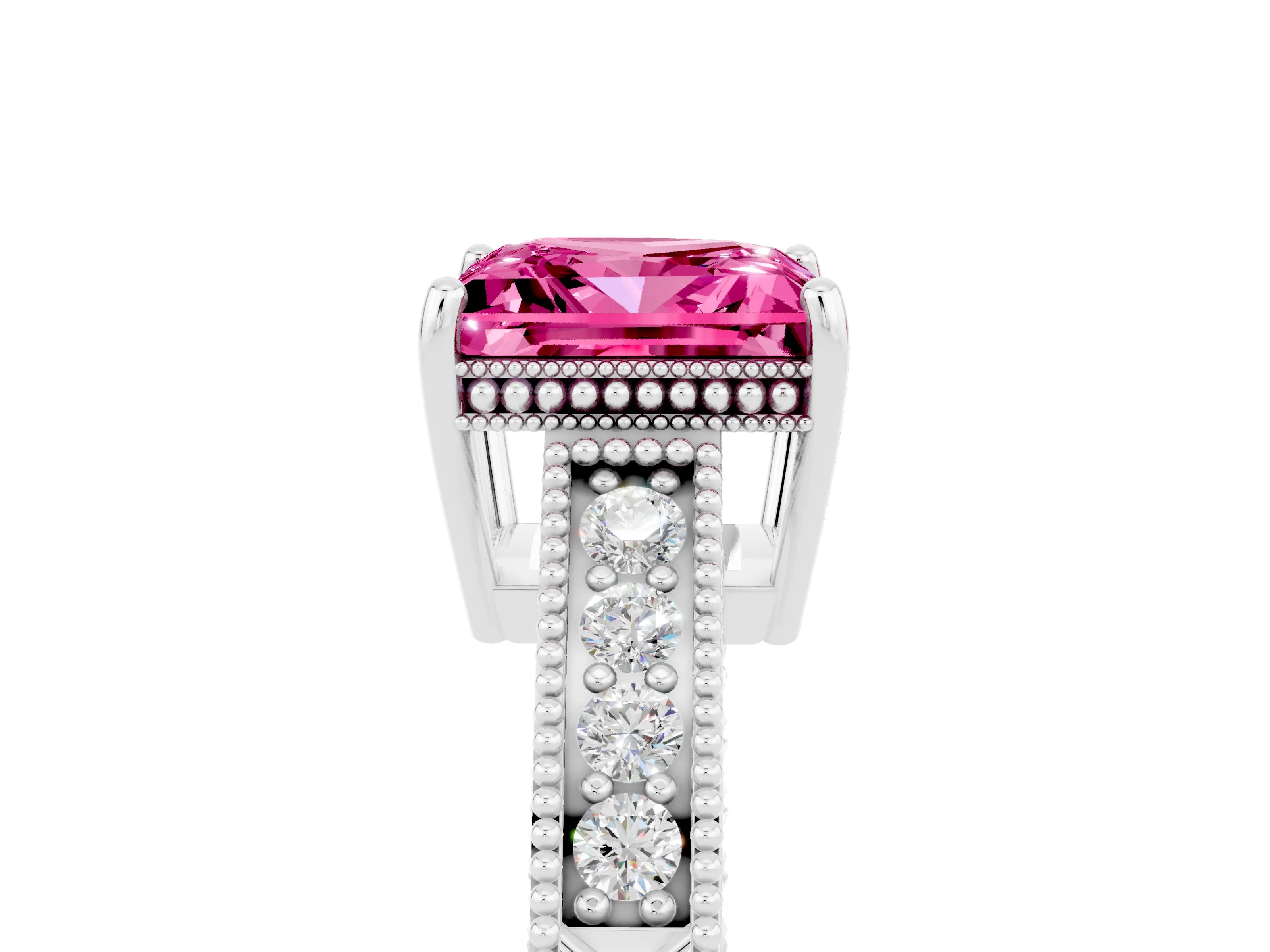 White gold Princess Cut Pink Sapphire Engagement Ring with Milgrain Channel Set Band and Prong Setting_29