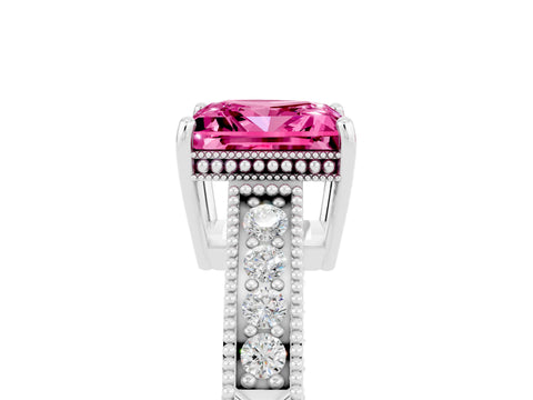 White gold Princess Cut Pink Sapphire Engagement Ring with Milgrain Channel Set Band and Prong Setting_29
