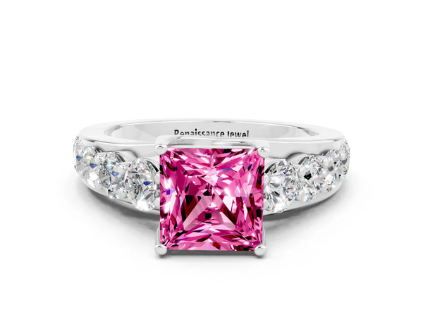 Platinum Princess Cut Pink Sapphire Engagement Ring with Pavé Band and Four-Prong Setting