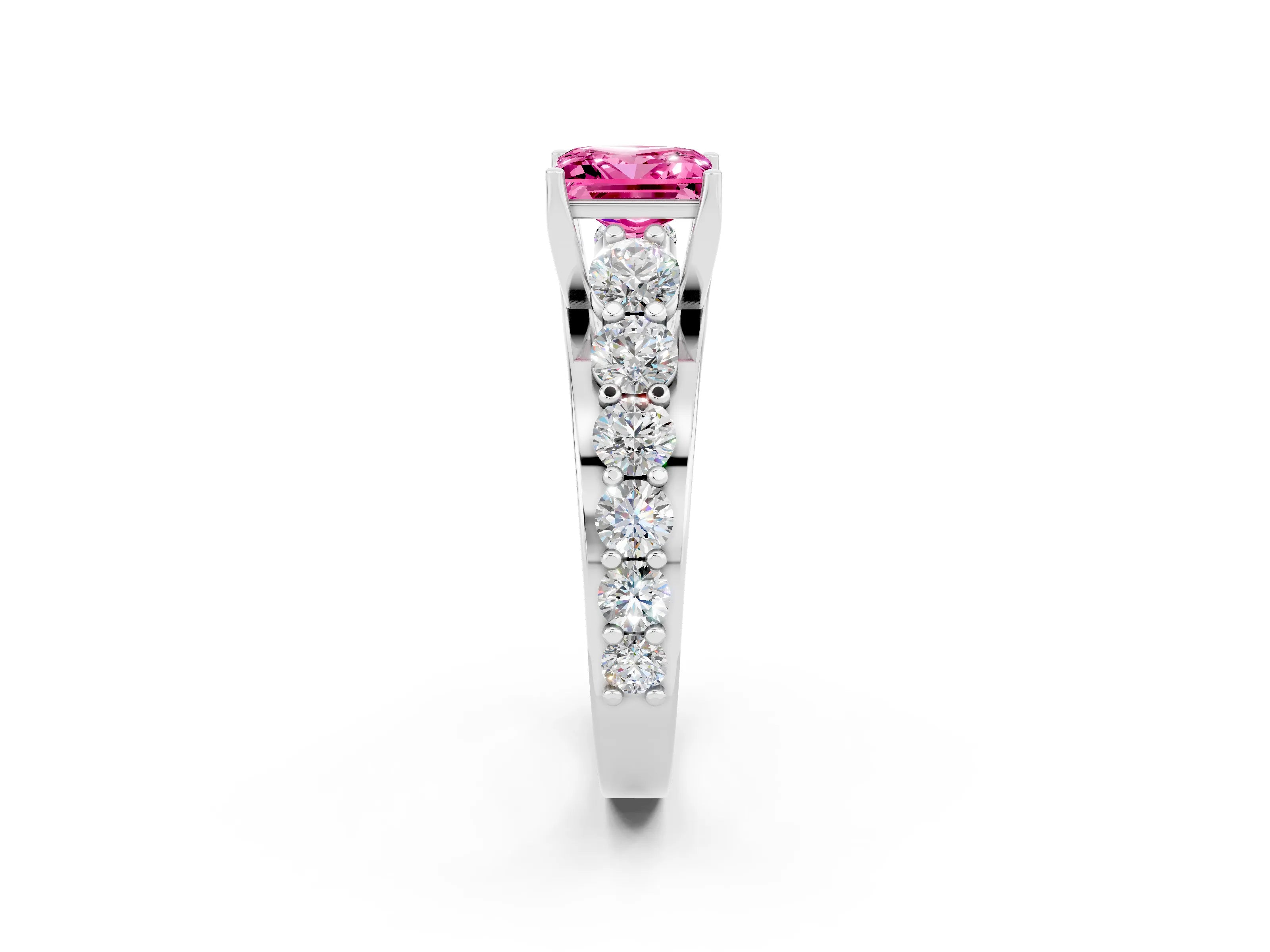 White gold Princess Cut Pink Sapphire Engagement Ring with Pavé Band and Four-Prong Setting_2