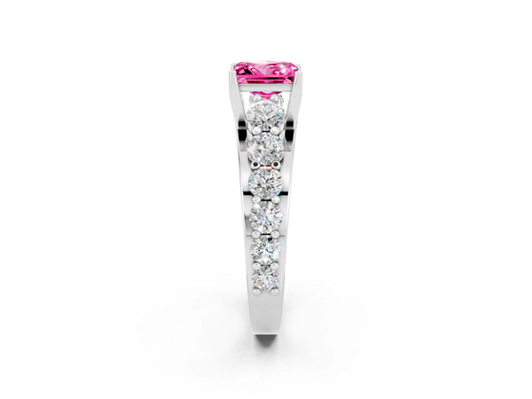 Platinum Princess Cut Pink Sapphire Engagement Ring with Pavé Band and Four-Prong Setting