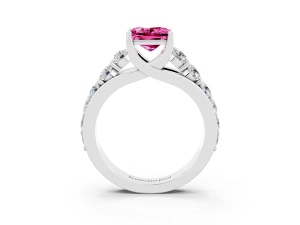 Silver Princess Cut Pink Sapphire Engagement Ring with Pavé Band and Four-Prong Setting