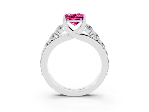 White gold Princess Cut Pink Sapphire Engagement Ring with Pavé Band and Four-Prong Setting_3
