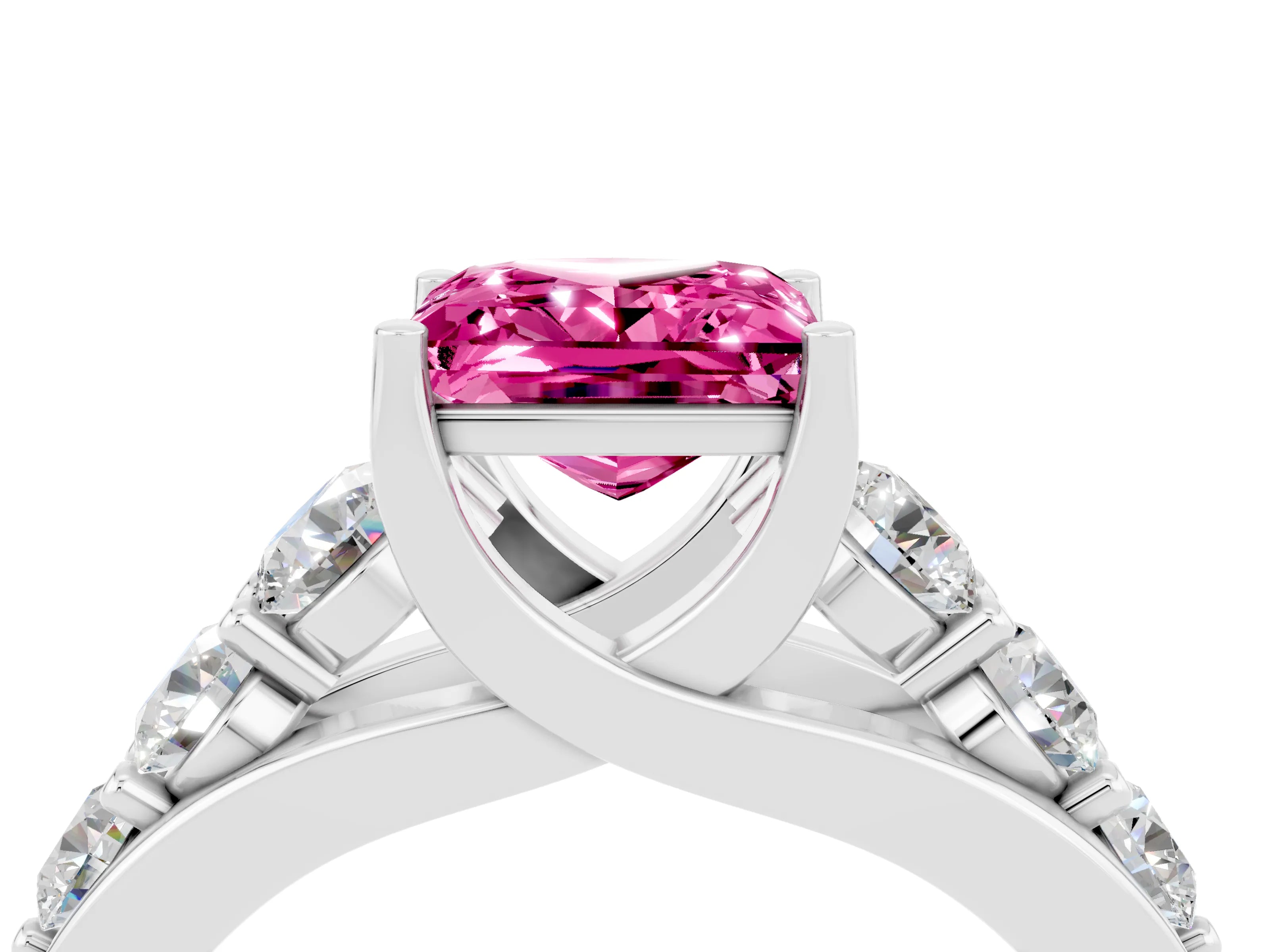 White gold Princess Cut Pink Sapphire Engagement Ring with Pavé Band and Four-Prong Setting_4