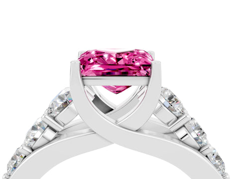 White gold Princess Cut Pink Sapphire Engagement Ring with Pavé Band and Four-Prong Setting_4