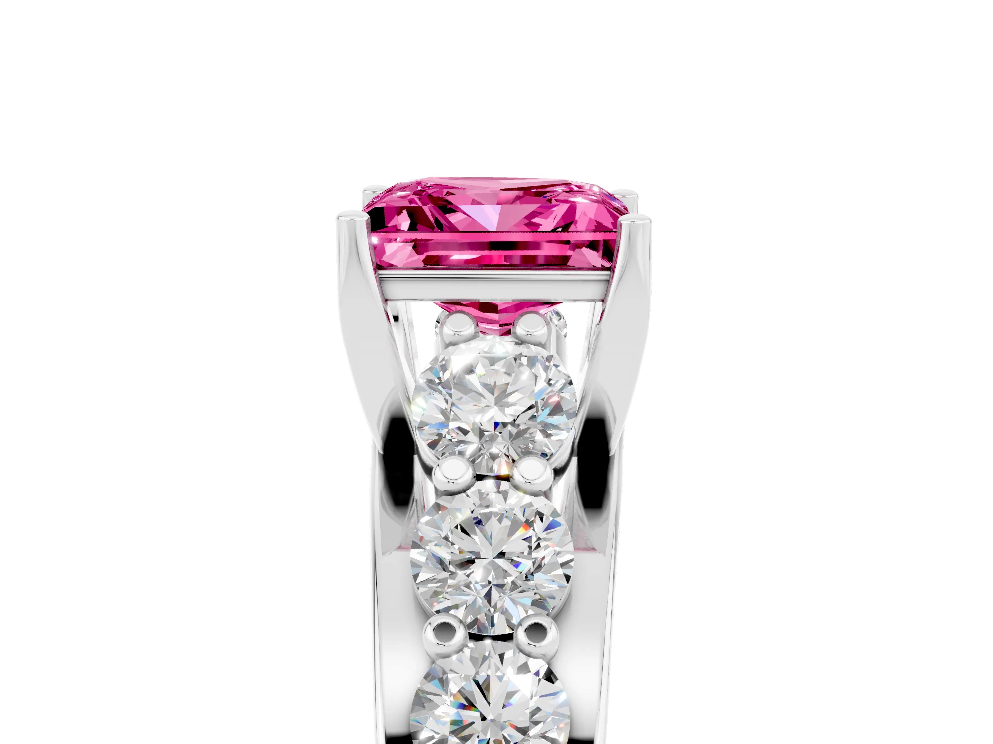 White gold Princess Cut Pink Sapphire Engagement Ring with Pavé Band and Four-Prong Setting_5