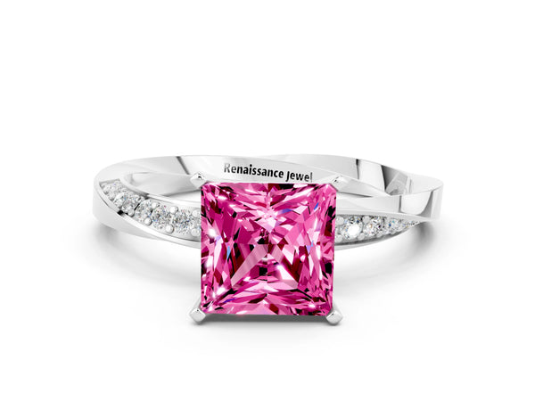 White gold Princess Cut Pink Sapphire Engagement Ring with Side Stone Accents and Four-Prong Setting