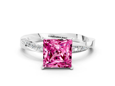 White gold Princess Cut Pink Sapphire Engagement Ring with Side Stone Accents and Four-Prong Setting_63