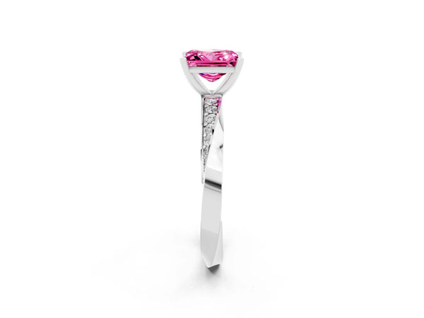 Platinum Princess Cut Pink Sapphire Engagement Ring with Side Stone Accents and Four-Prong Setting