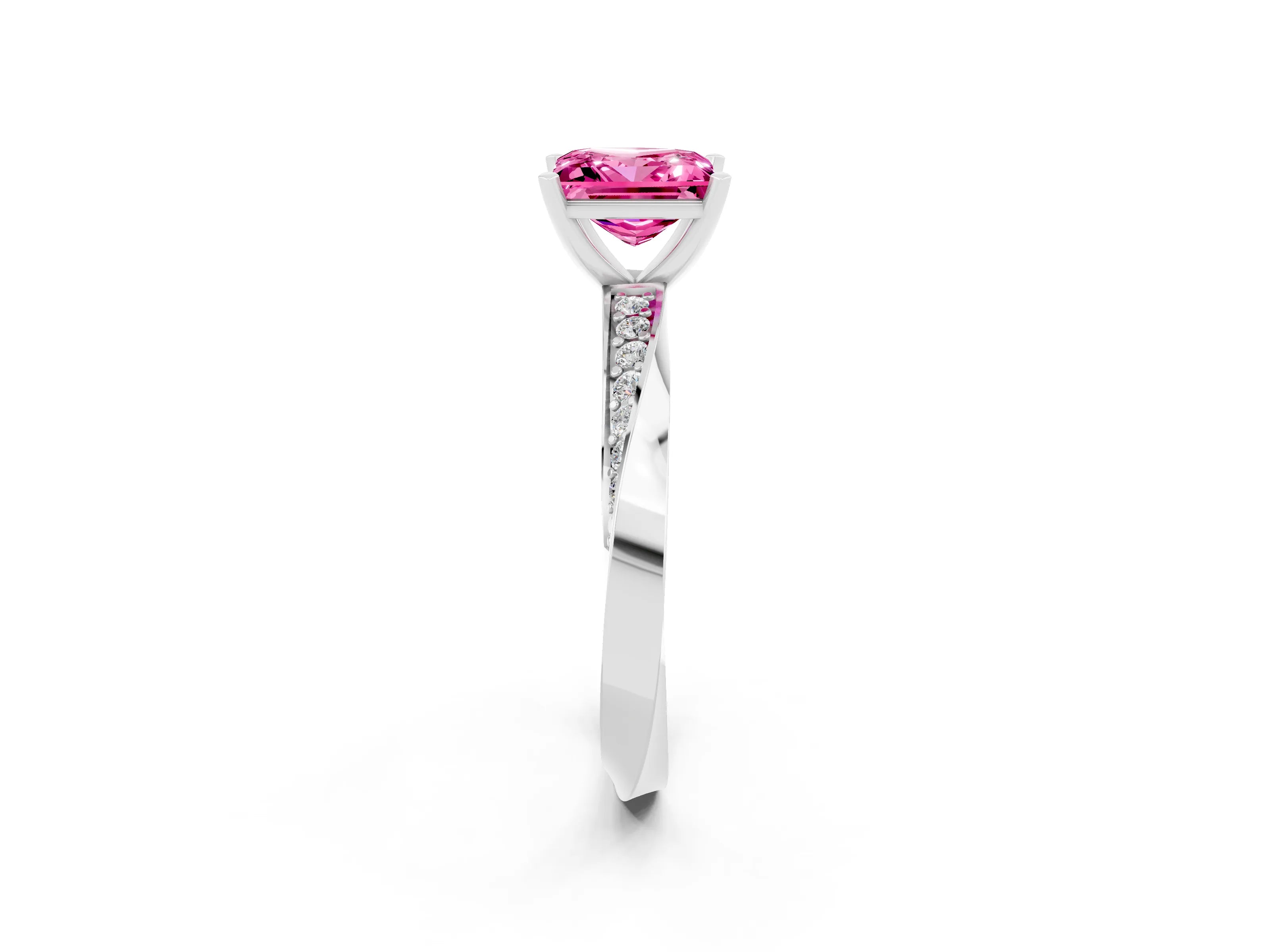 White gold Princess Cut Pink Sapphire Engagement Ring with Side Stone Accents and Four-Prong Setting_65