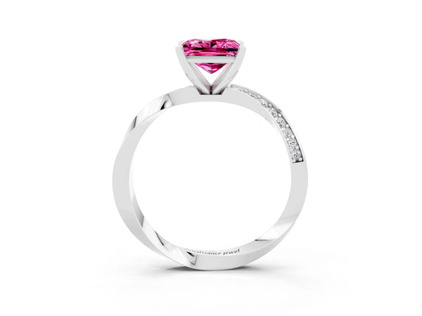 Platinum Princess Cut Pink Sapphire Engagement Ring with Side Stone Accents and Four-Prong Setting