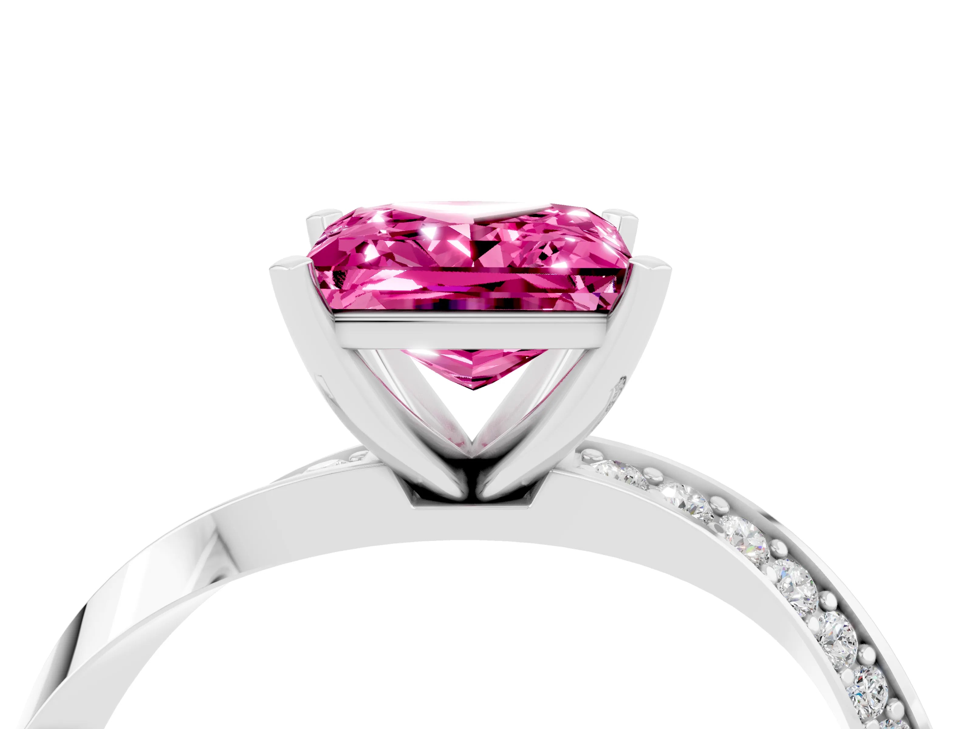 White gold Princess Cut Pink Sapphire Engagement Ring with Side Stone Accents and Four-Prong Setting_67