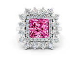 White gold Princess Cut Pink Sapphire Floral Double Halo Engagement Ring with Prong Setting_84
