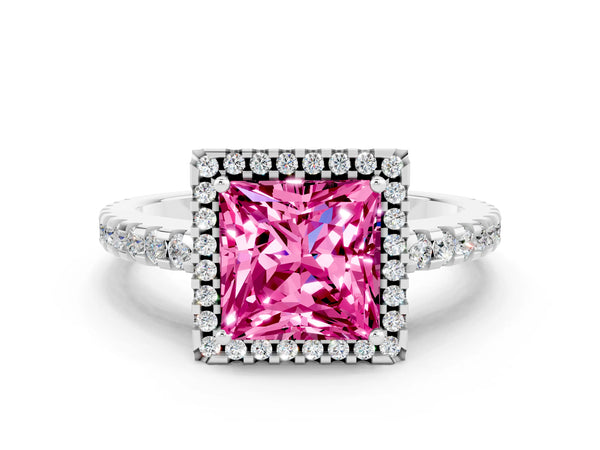 Silver Princess Cut Pink Sapphire Halo Engagement Ring with Pavé Band and Prong Setting
