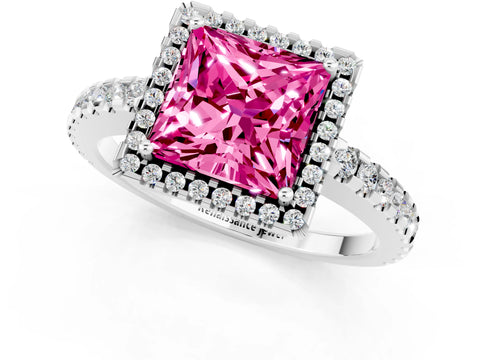 White gold Princess Cut Pink Sapphire Halo Engagement Ring with Pavé Band and Prong Setting_13